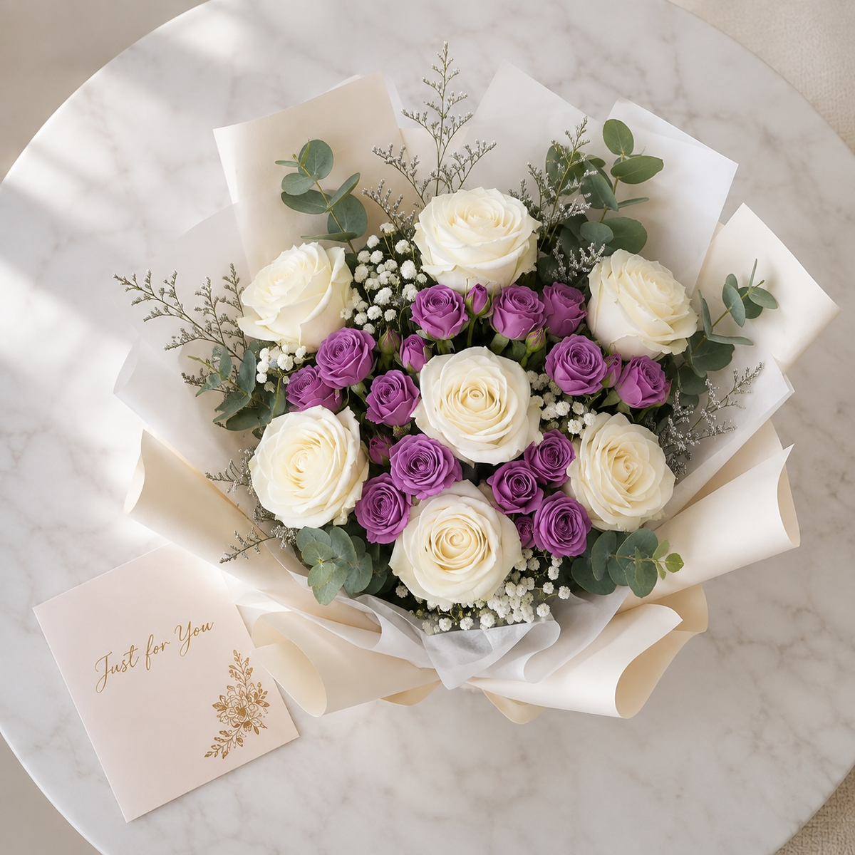 Elegant White Rose & Purple Baby Rose Miss You Bouquet – photo 5