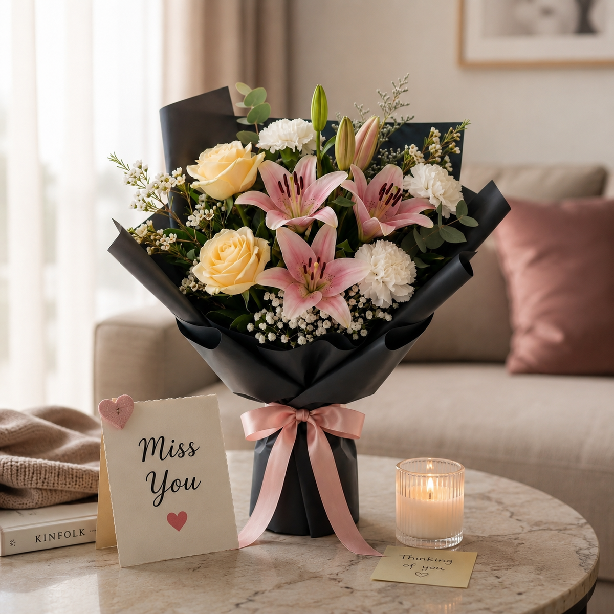 Elegant Yellow Roses & Pink Lilies Miss You Bouquet – photo 2