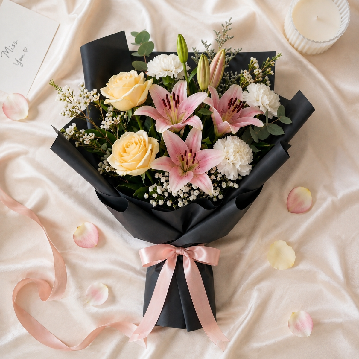 Elegant Yellow Roses & Pink Lilies Miss You Bouquet – photo 3
