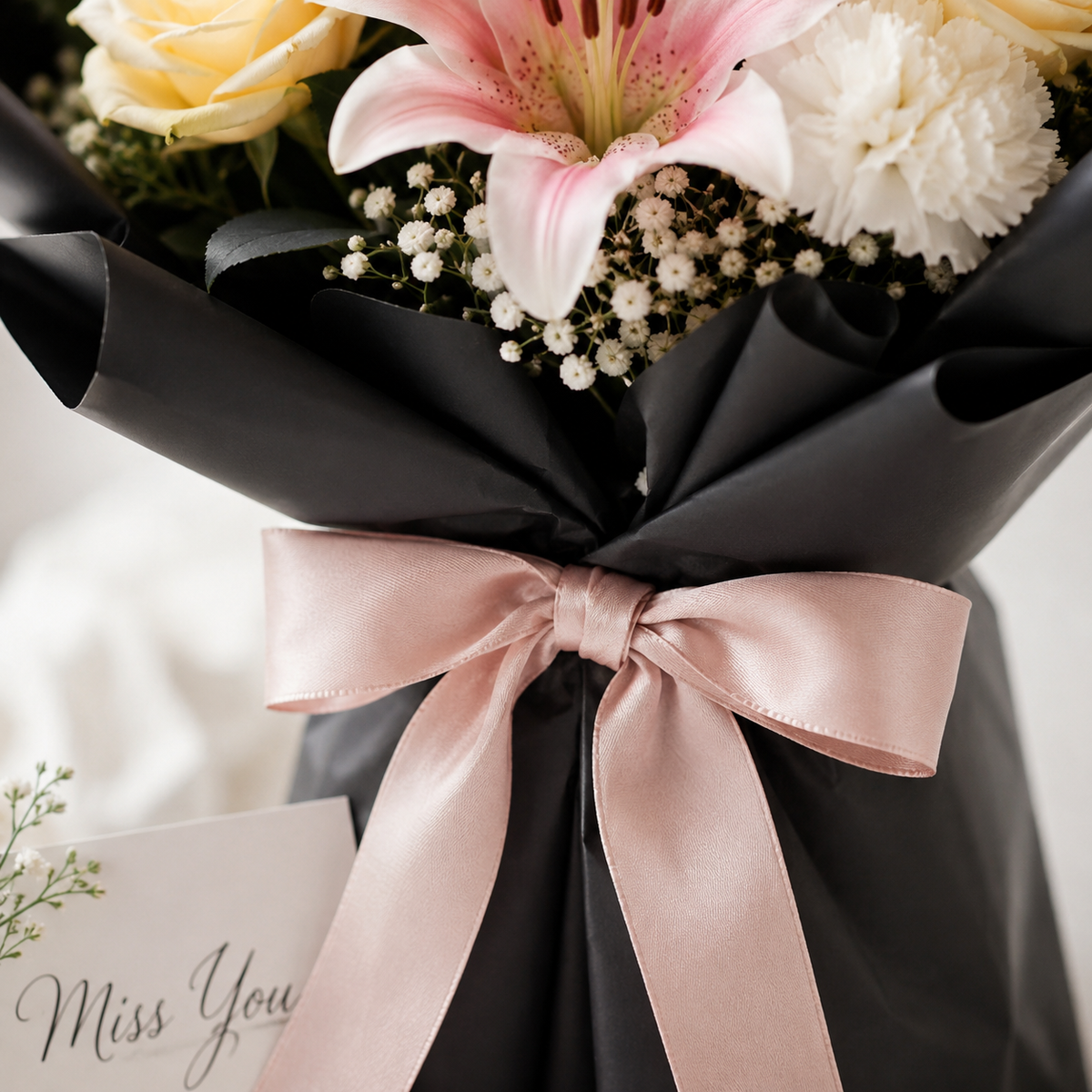 Elegant Yellow Roses & Pink Lilies Miss You Bouquet – photo 6