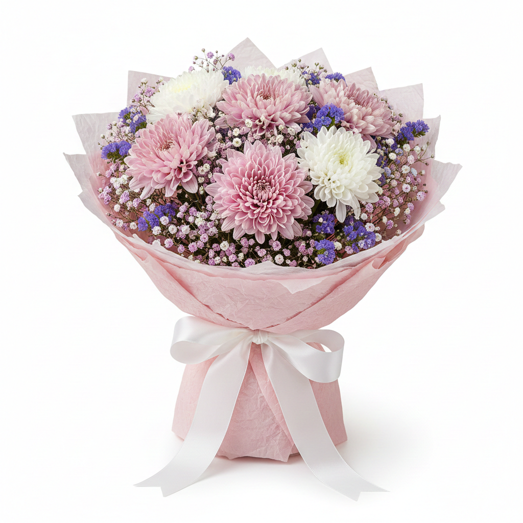 Gentle Charm – Pink & White Chrysanthemums Bouquet by Black Petals Flowers