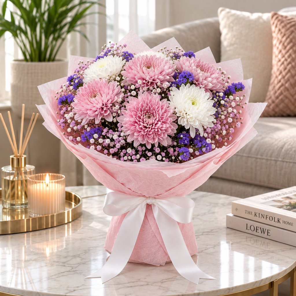 Gentle Charm – Pink & White Chrysanthemums Bouquet
