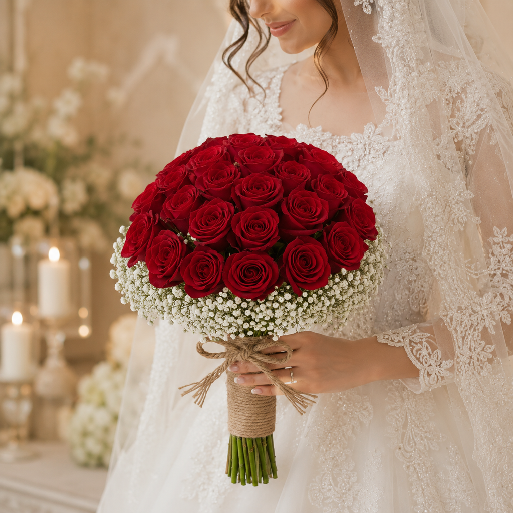 Ruby Romance – Hand-Tied Red Roses Bridal Bouquet