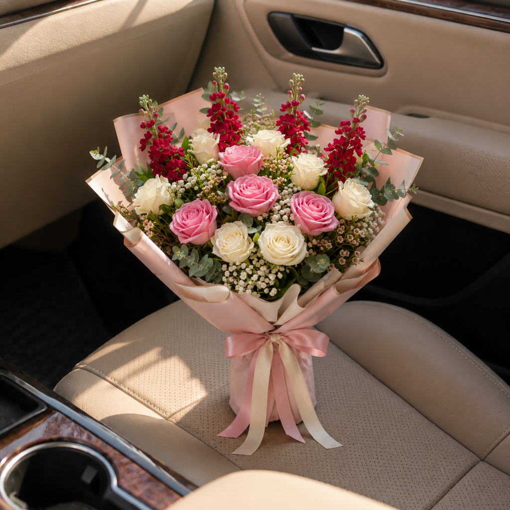 Heartfelt Pink & White Rose Miss You Bouquet with Matthiola – photo 3