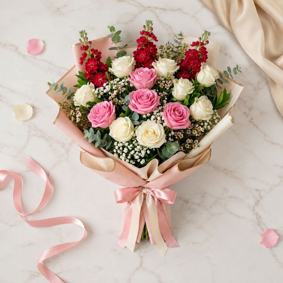 Heartfelt Pink & White Rose Miss You Bouquet with Matthiola – photo 4