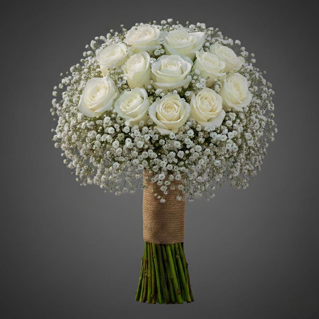 Heavenly Bride – Classic White Rose Bridal Bouquet by Black Petals Flowers