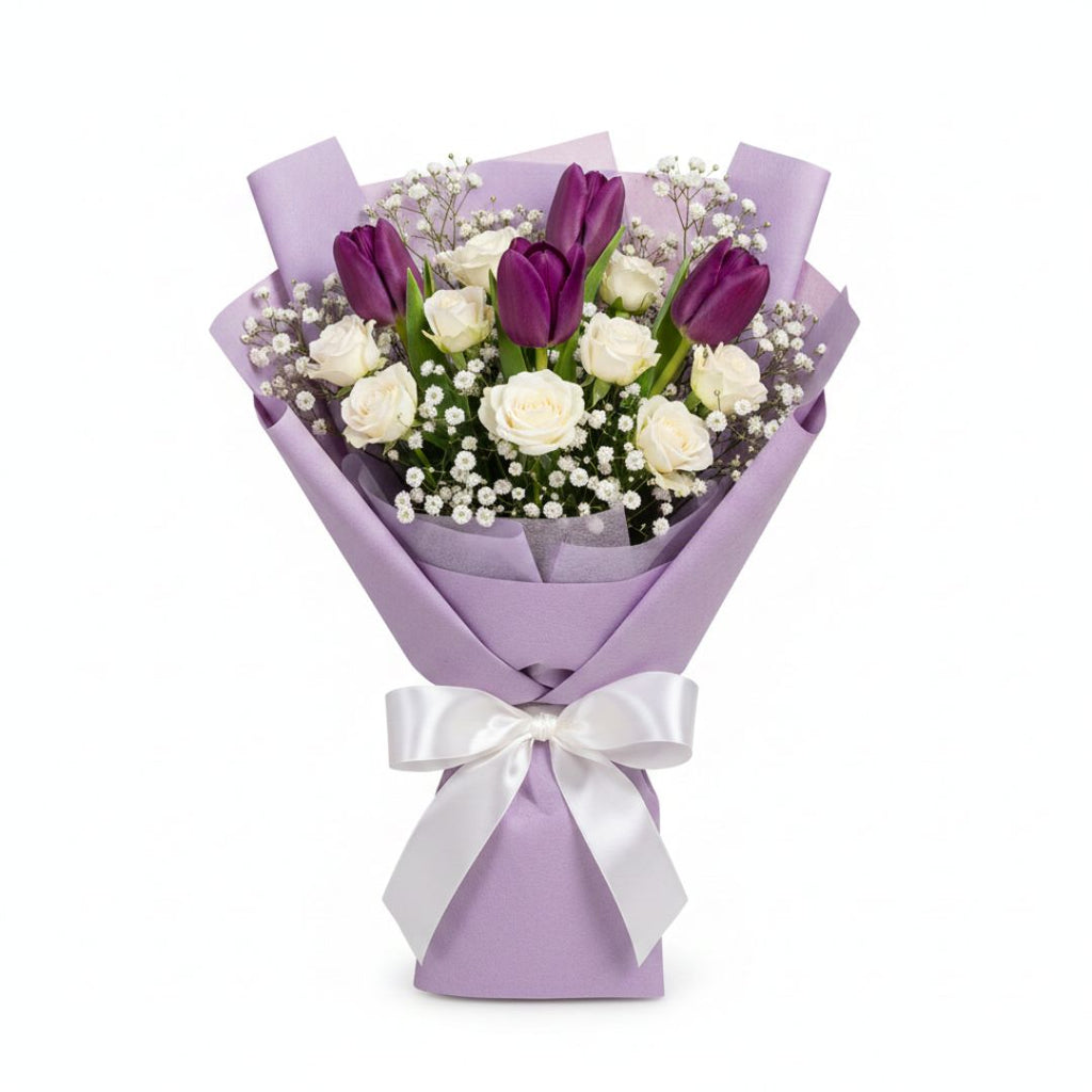 Lavender Dreams – Purple Tulips & White Roses Birthday Bouquet by Black Petals Flowers