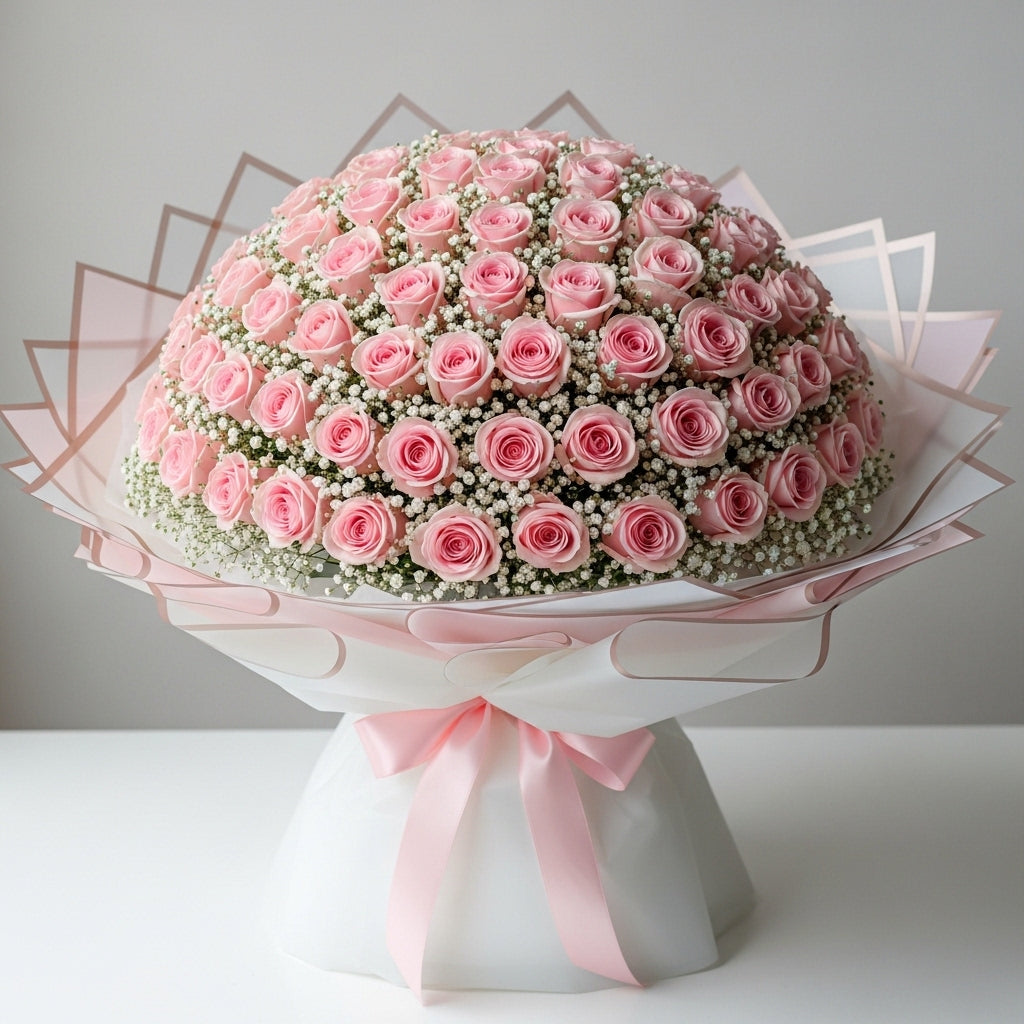 Luxury Blush – 100 Light Pink Roses by Black Petals Flowers