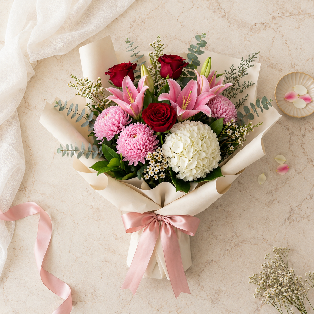 Luxury Mixed Flower Sorry Bouquet with Roses, Lilies & Hydrangea