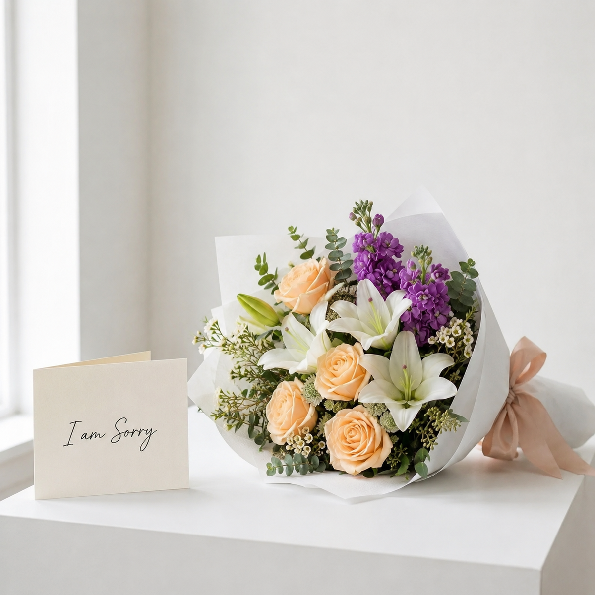 Peach Roses, White Lilies & Matthiola Sorry Bouquet