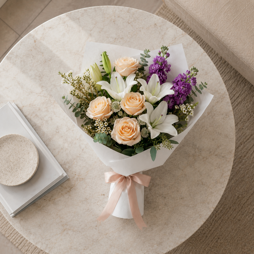 Peach Roses, White Lilies & Matthiola Sorry Bouquet