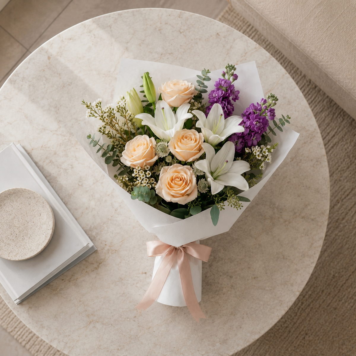 Peach Roses, White Lilies & Matthiola Sorry Bouquet