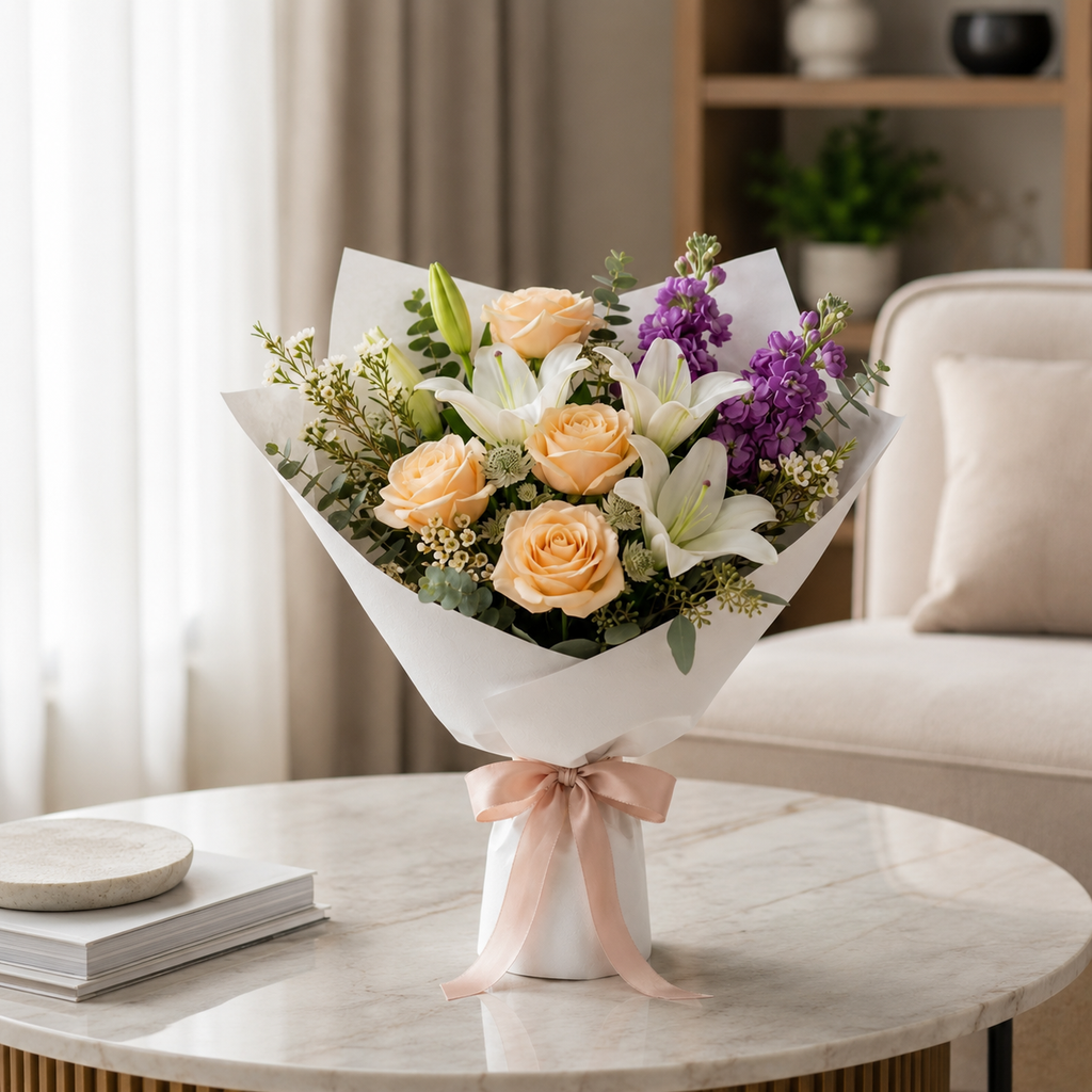 Peach Roses, White Lilies & Matthiola Sorry Bouquet