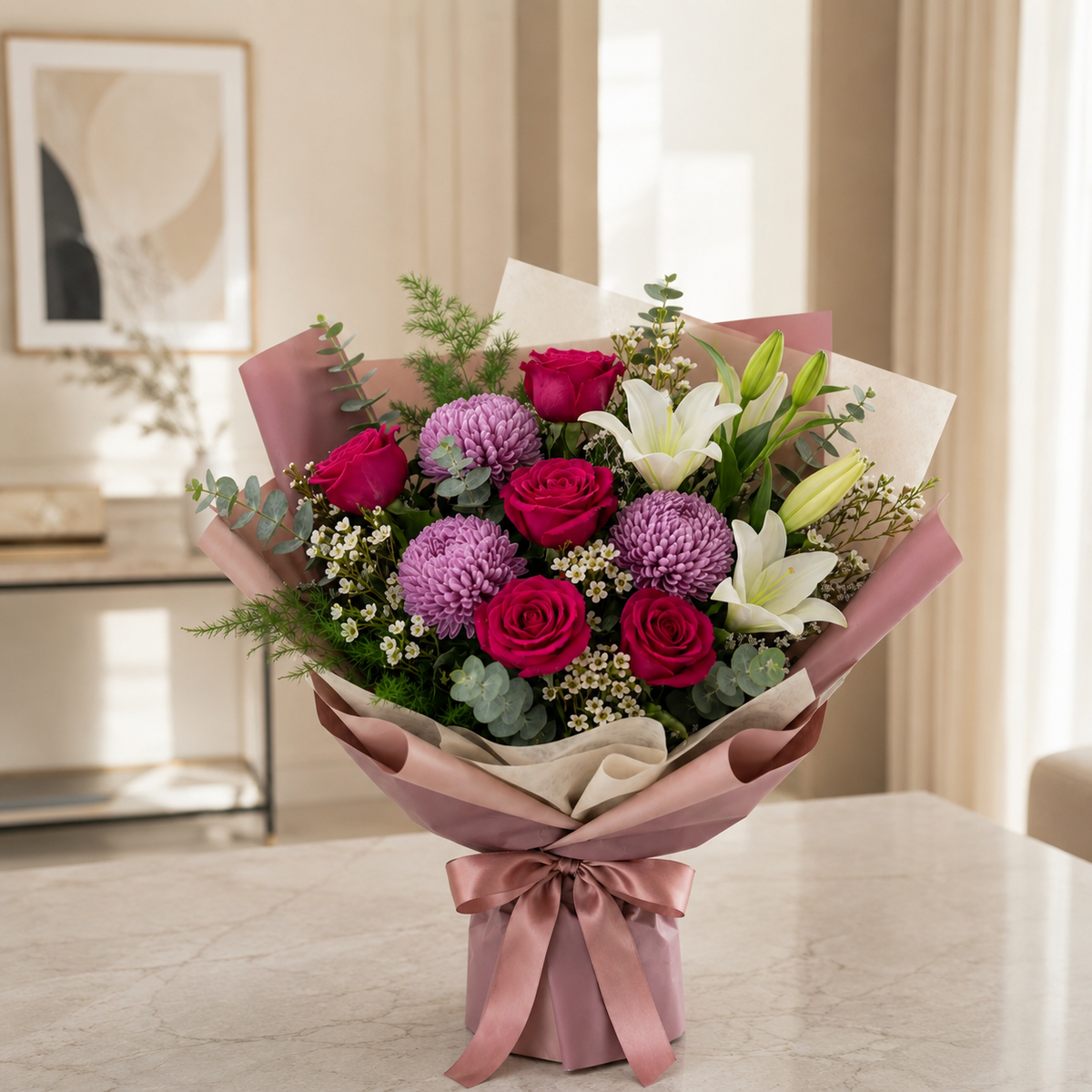 Pink Roses & White Lilies Bouquet for Everyday Moments – photo 2