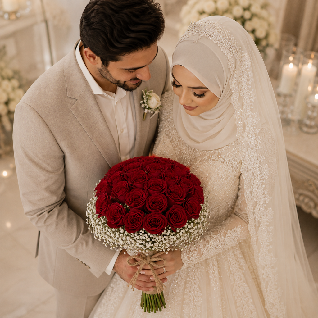 Ruby Romance – Hand-Tied Red Roses Bridal Bouquet