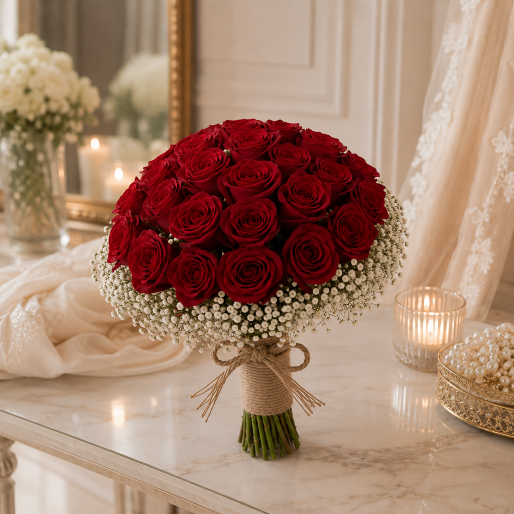 Ruby Romance – Hand-Tied Red Roses Bridal Bouquet