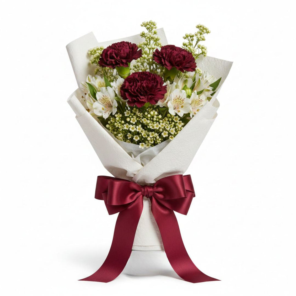 Rustic Charm – Maroon Carnation Bouquet by Black Petals Flowers