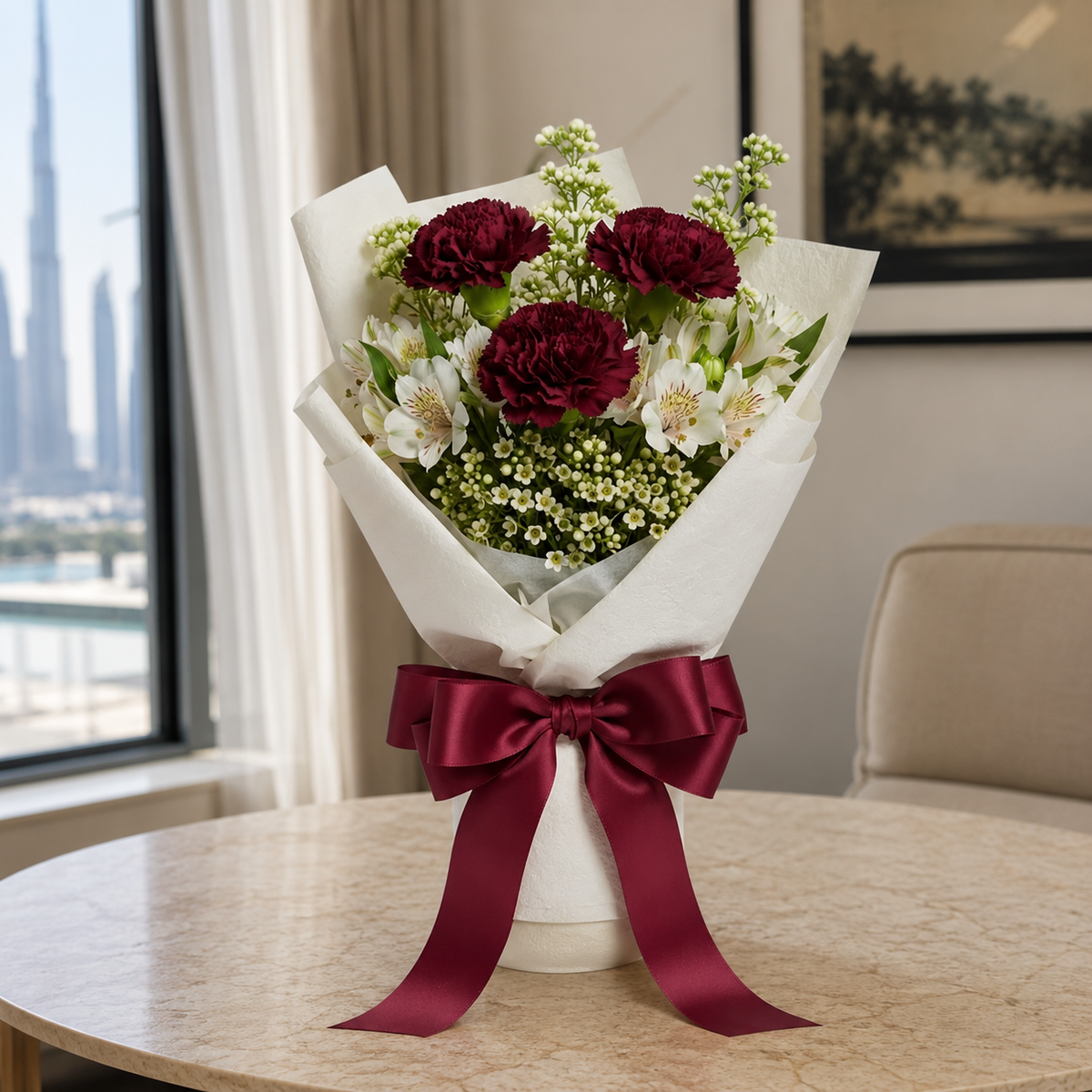Rustic Charm – Maroon Carnation Bouquet