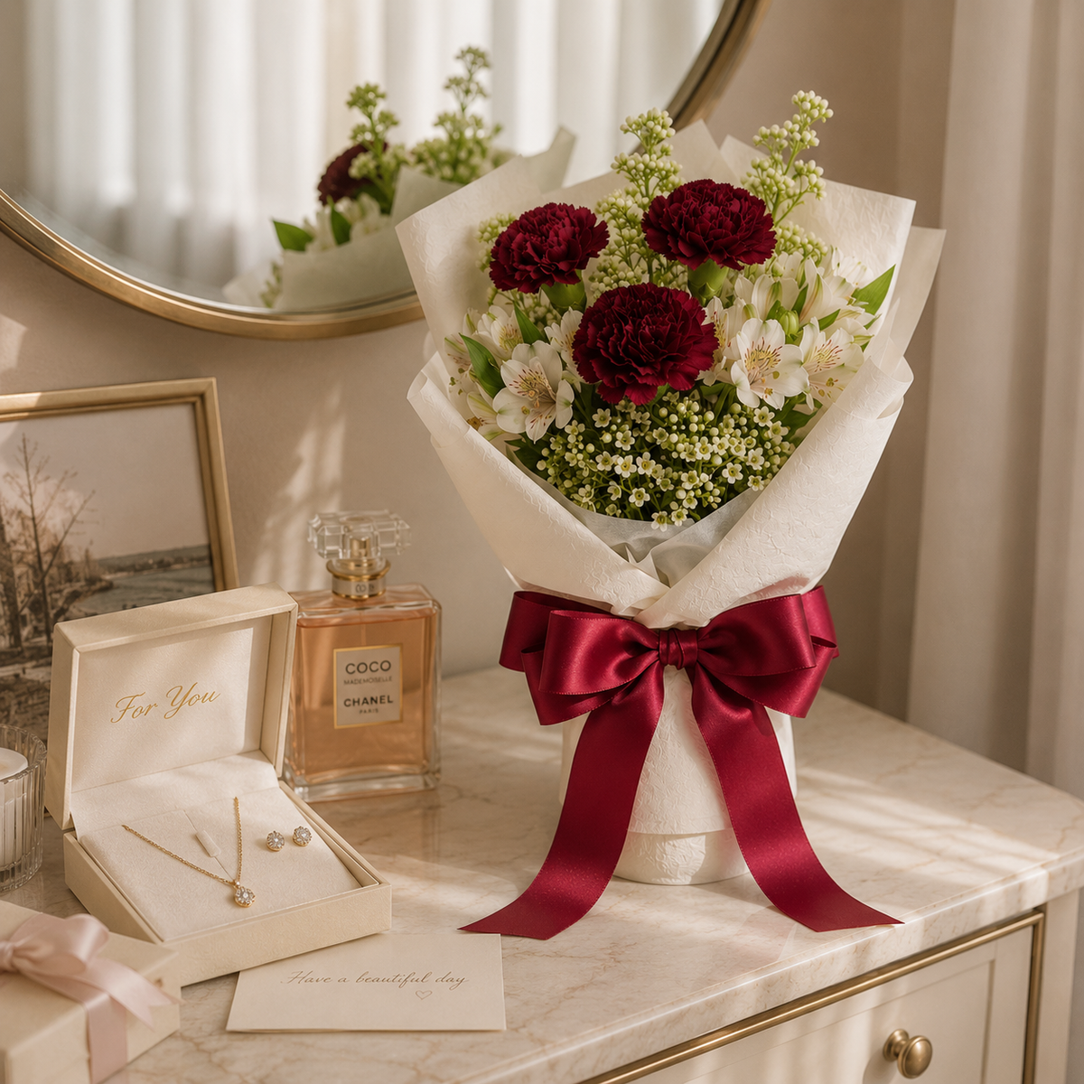 Rustic Charm – Maroon Carnation Bouquet