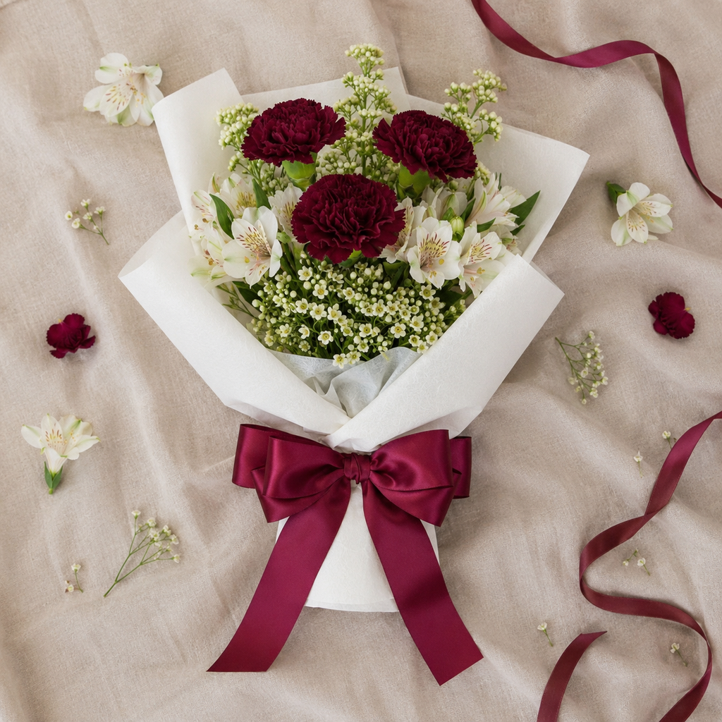 Rustic Charm – Maroon Carnation Bouquet