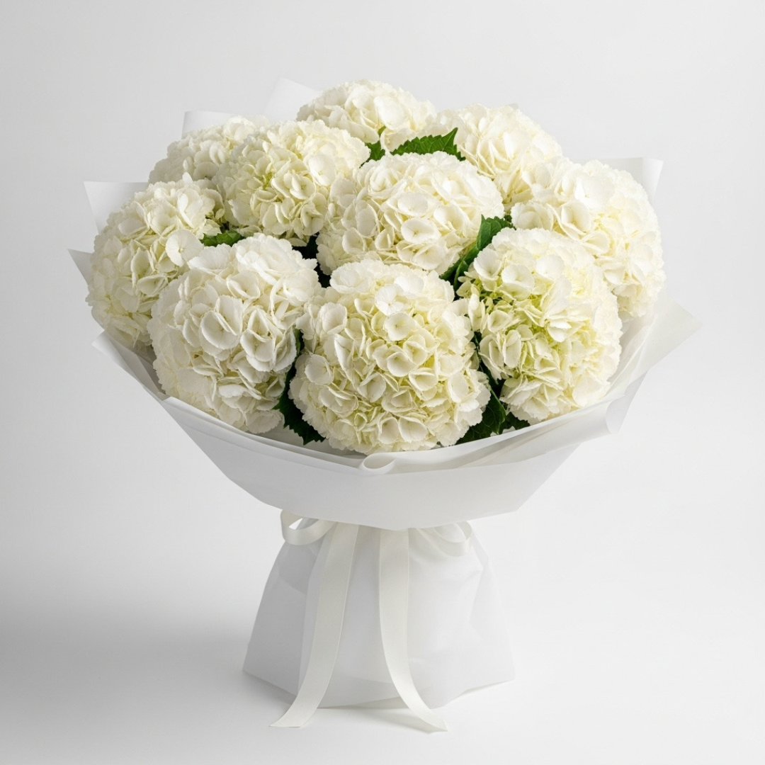 Serene Grace – White Hydrangea Bouquet by Black Petals Flowers