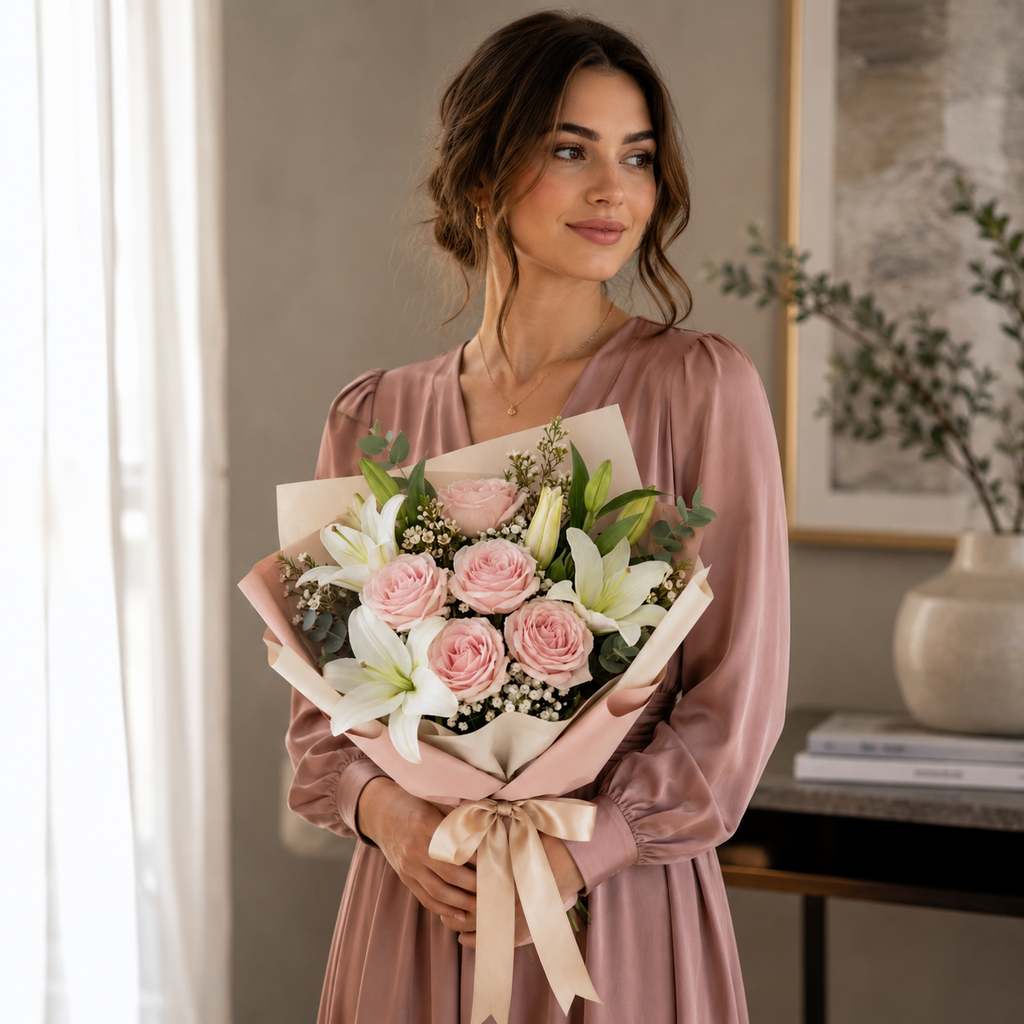 Sorry Bouquet with Pink Roses & White Lilies