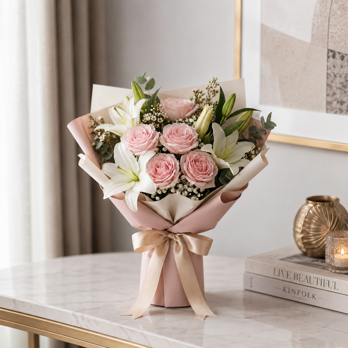 Sorry Bouquet with Pink Roses & White Lilies