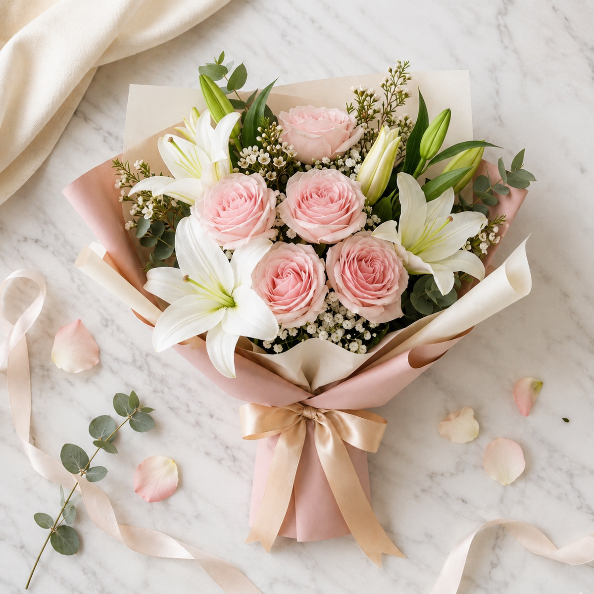 Sorry Bouquet with Pink Roses & White Lilies