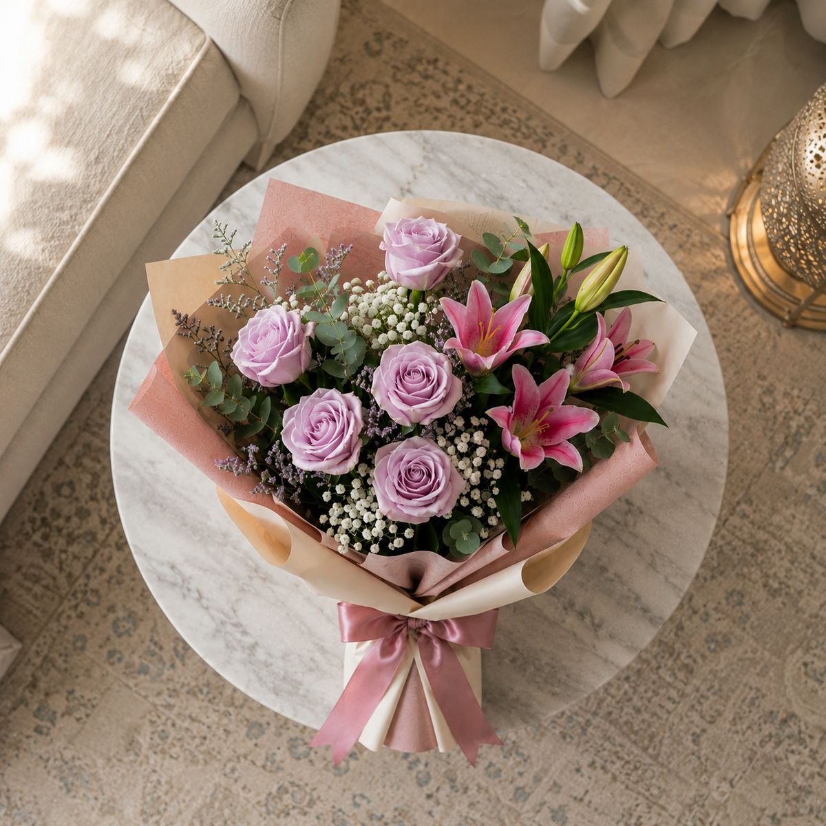 Sorry Bouquet with Purple Roses & Pink Lilies