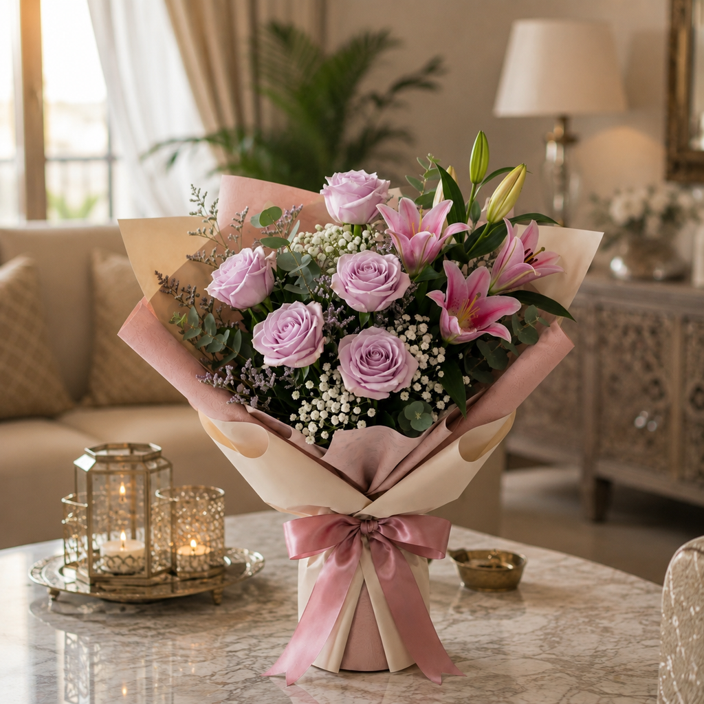 Sorry Bouquet with Purple Roses & Pink Lilies