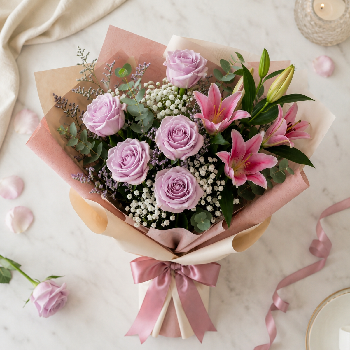 Sorry Bouquet with Purple Roses & Pink Lilies