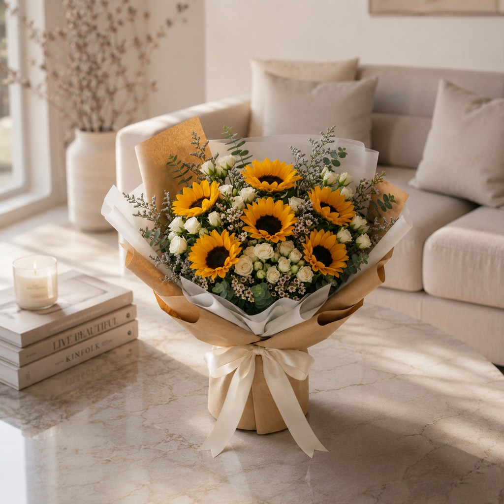 Sunshine Message Sunflowers & Baby Roses Bouquet