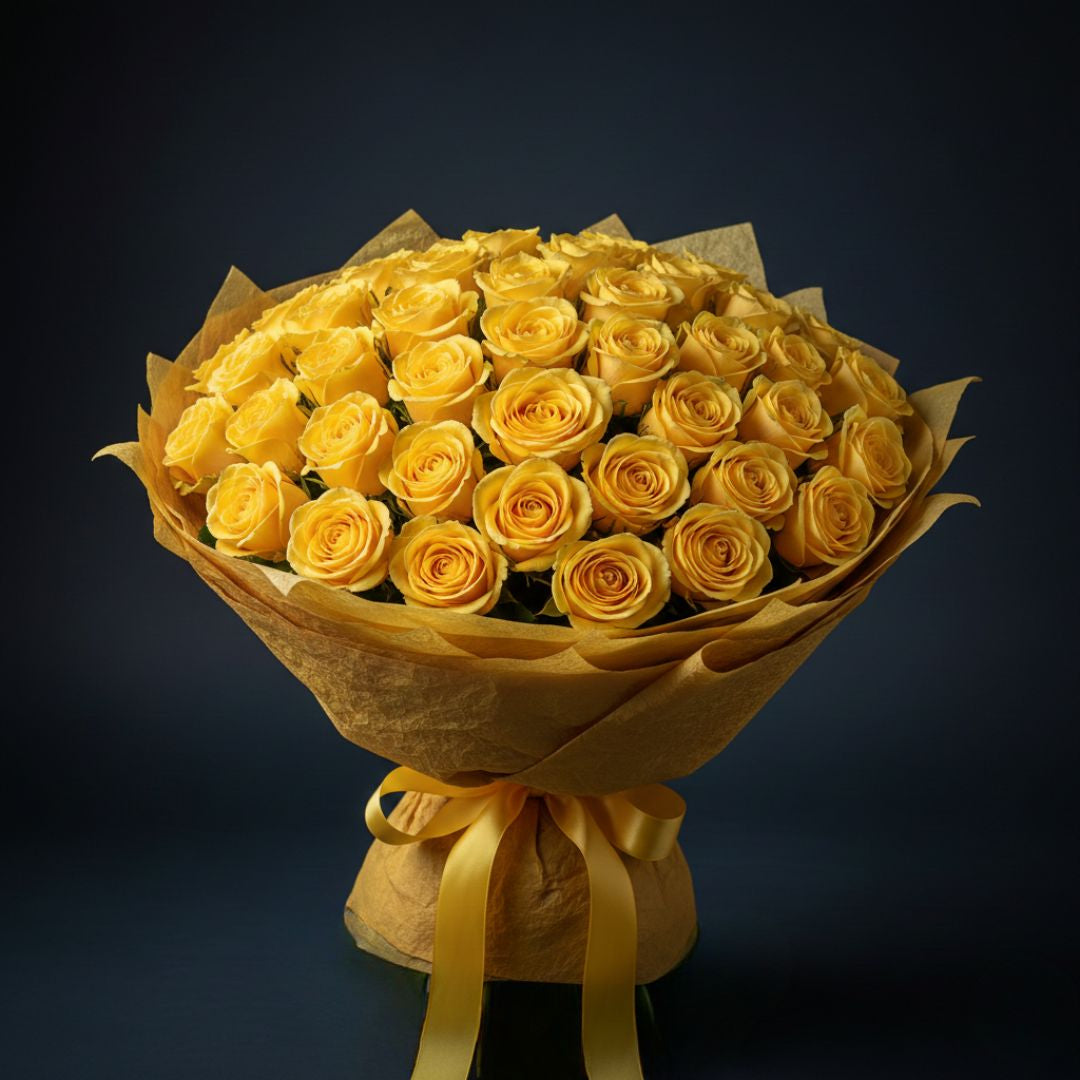 Sunshine Surprise of 51 Yellow Roses by Black Petals Flowers
