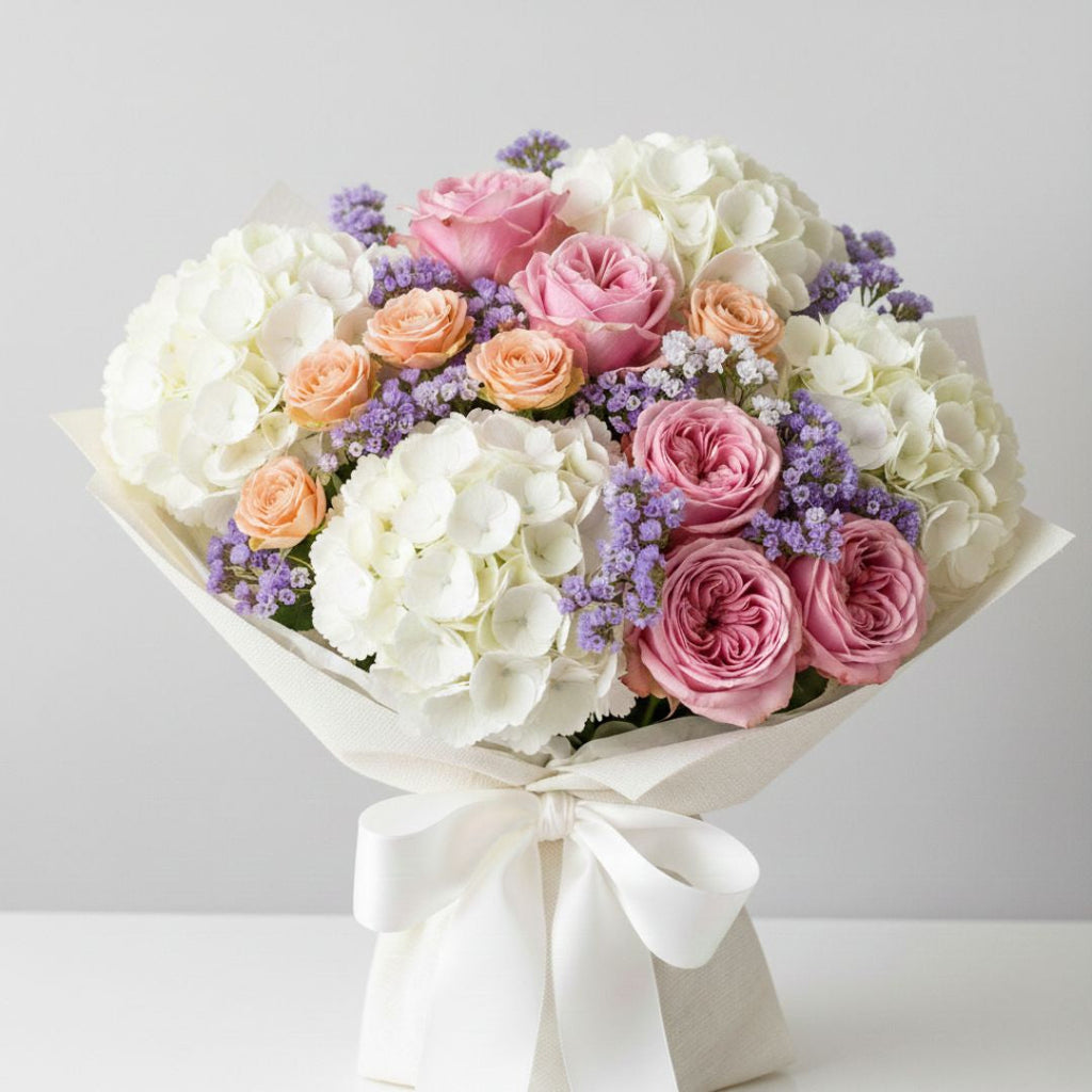 Sweet Whispers- Hydrangea & Roses Birthday Bouquet by Black Petals Flowers