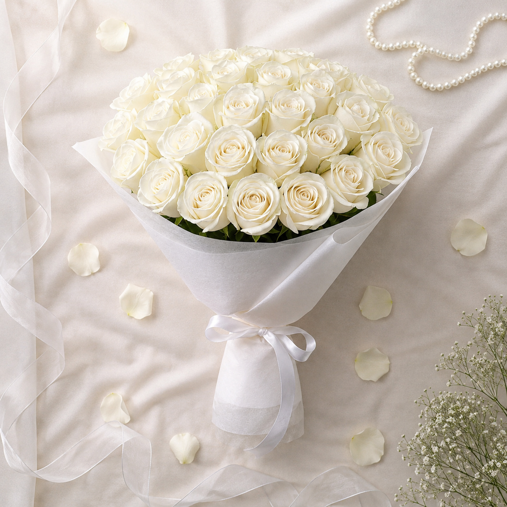 White Bliss Bridal Bouquet of 31 White Roses
