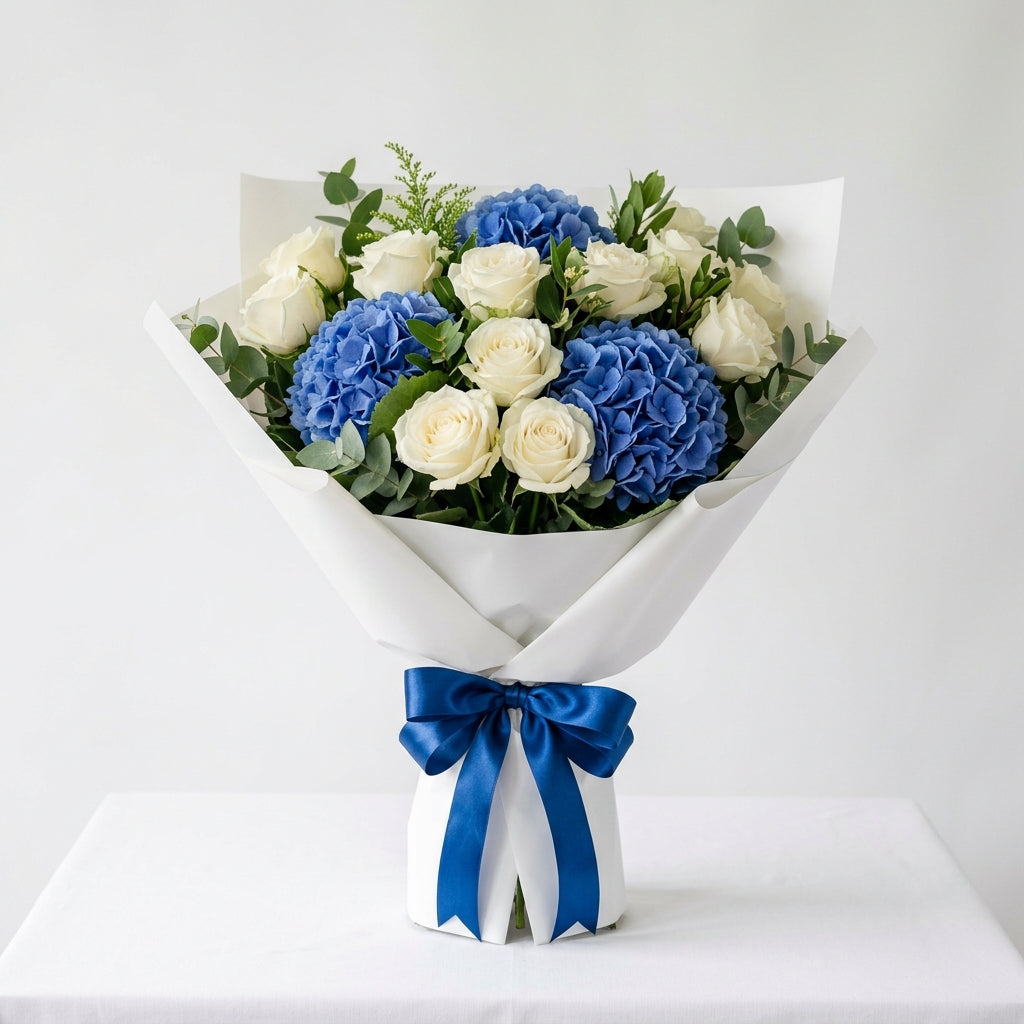 Corporate White Roses & Blue Hydrangea Bouquet