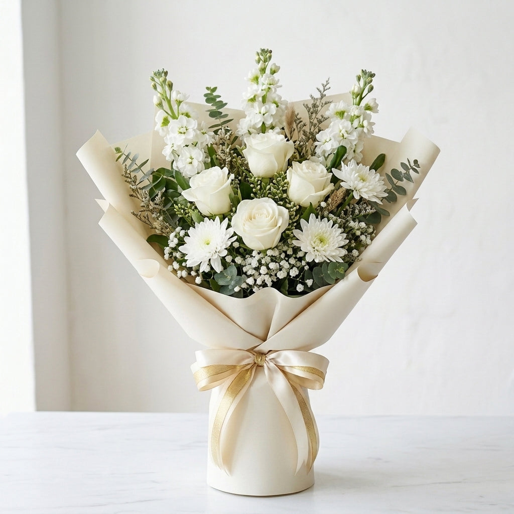 Hajj Mubarak White Roses, Chrysanthemums & Matthiola Bouquet