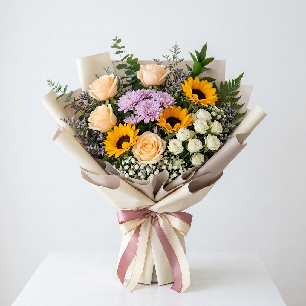 Eid Al Fitr Sunflowers, Peach Roses & Purple Chrysanthemums Bouquet