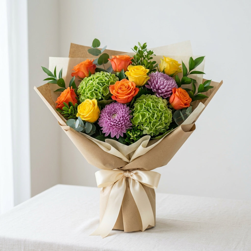 Festive Halloween Yellow & Orange Roses with Purple Chrysanthemum Bouquet