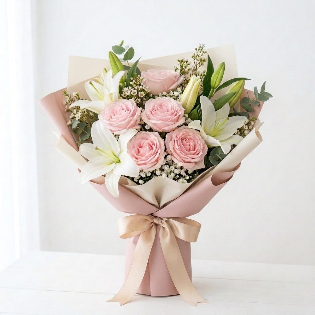 Sorry Bouquet with Pink Roses & White Lilies