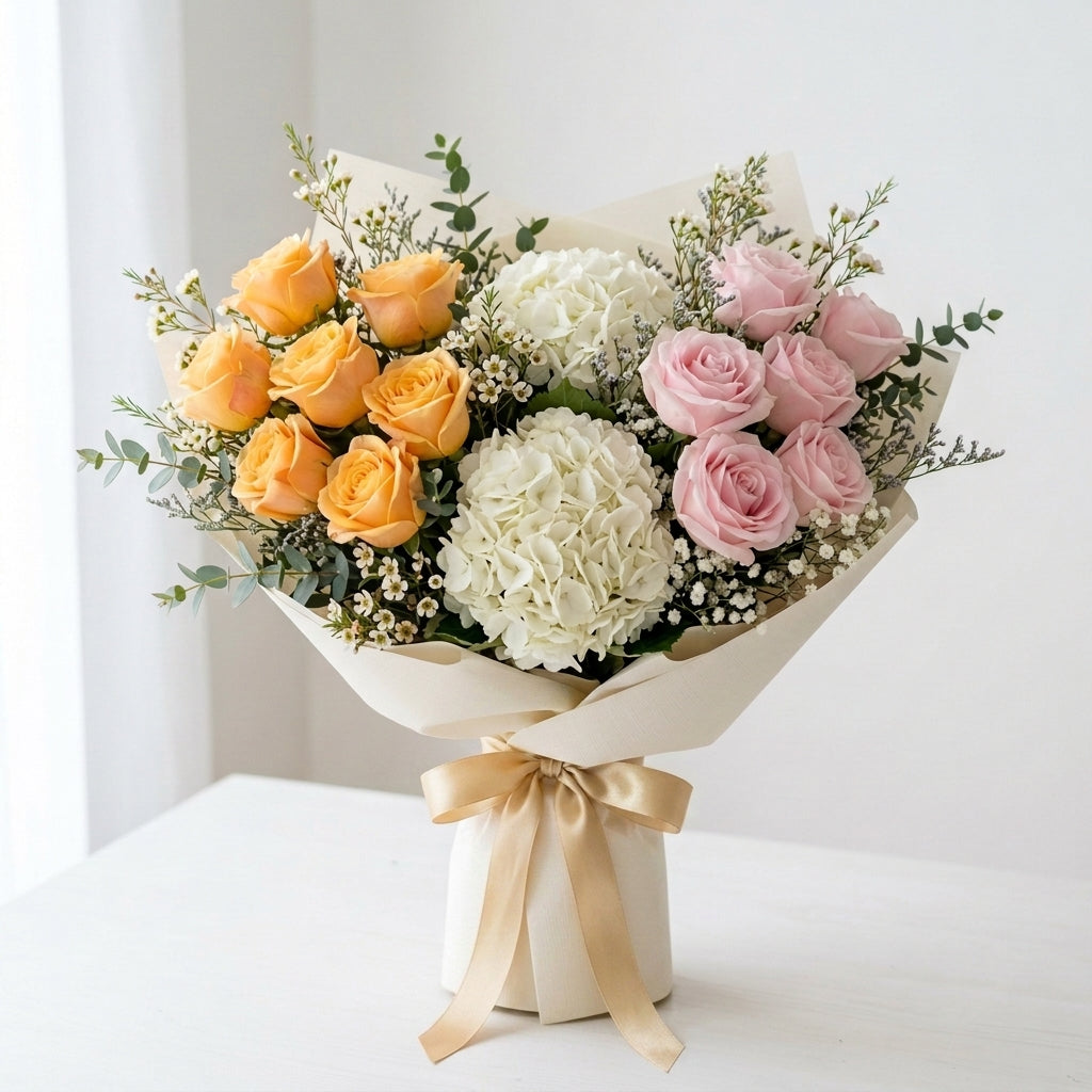 Charming Diwali White Hydrangea, Pink & Yellow Roses Bouquet