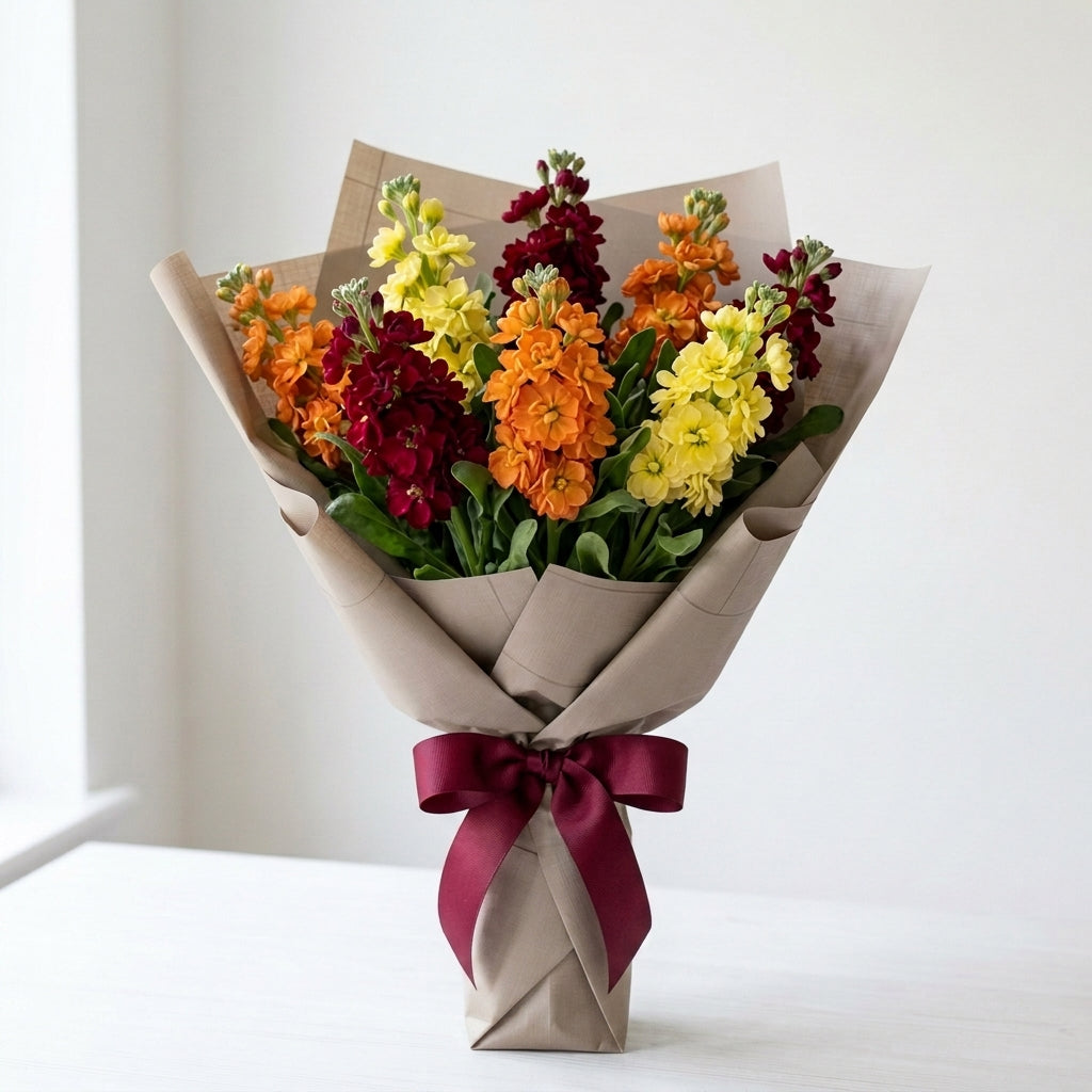 Fiery Halloween Red, Yellow & Orange Matthiola Flower Bouquet