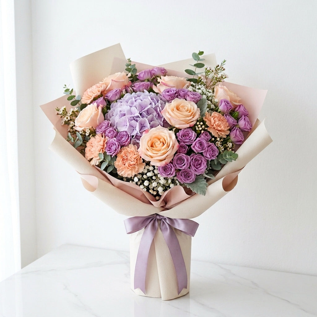 Eid Al Adha Peach Roses & Purple Baby Roses Luxury Bouquet