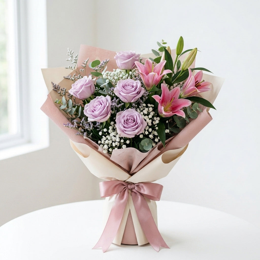 Sorry Bouquet with Purple Roses & Pink Lilies