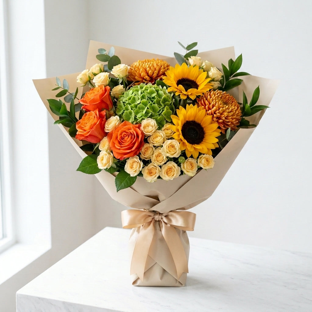 Autumnal Halloween Orange Roses, Sunflowers & Green Hydrangea Bouquet
