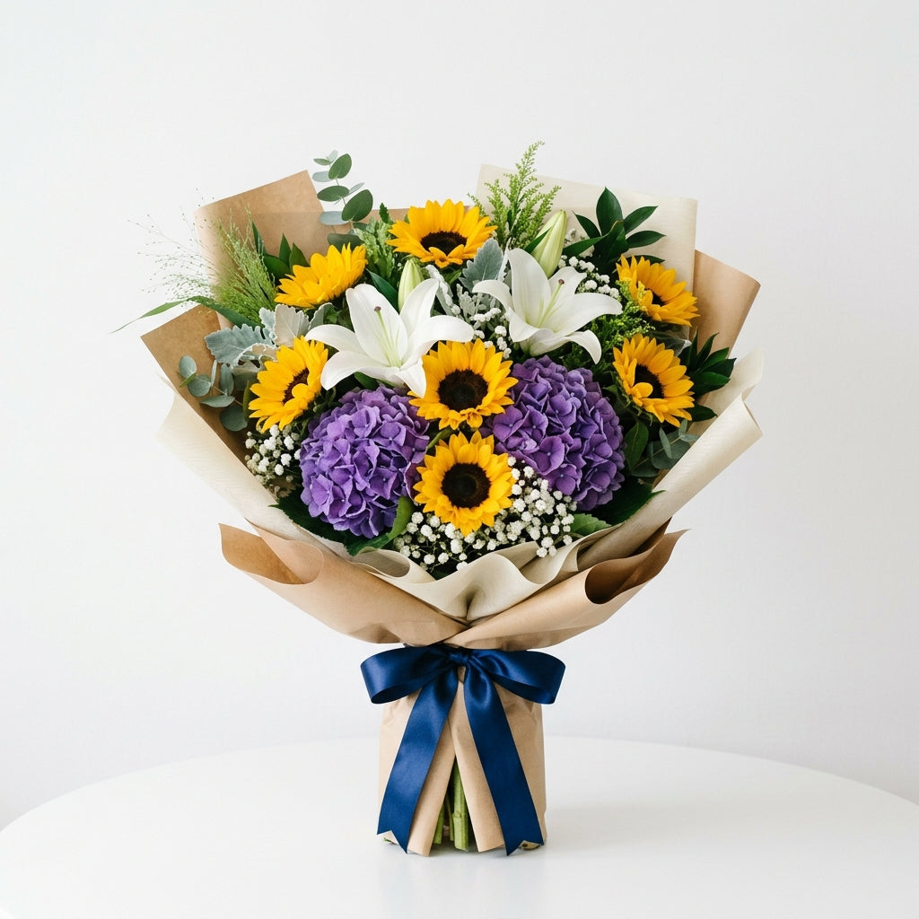 Corporate Sunflower & Lily Bouquet with Purple Hydrangeas
