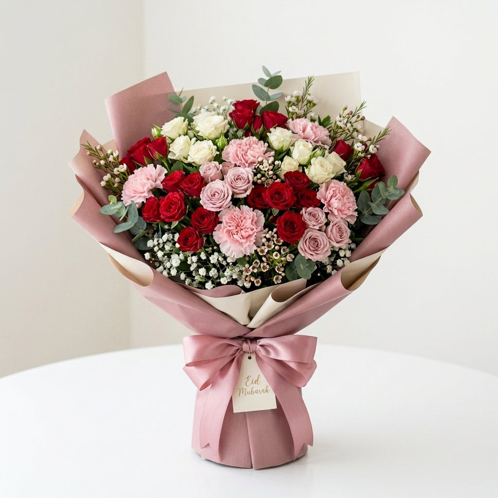 Eid Al Fitr Baby Roses & Pink Carnations Celebration Bouquet