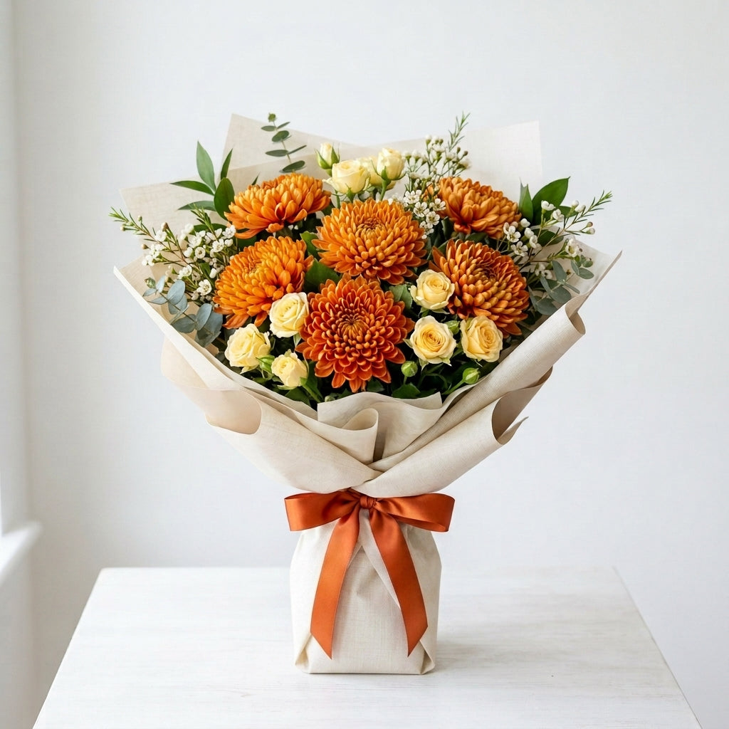 Cheerful Diwali Orange Chrysanthemums & Yellow Baby Roses Bouquet