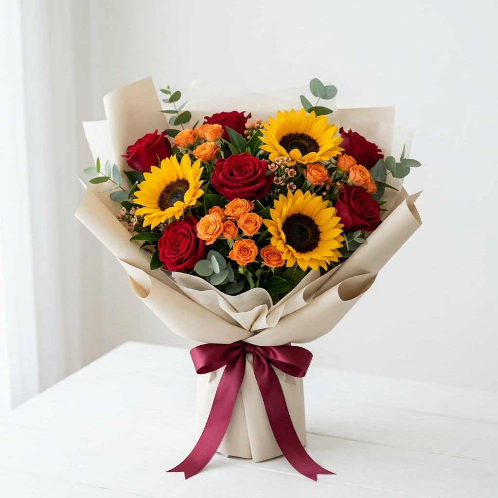 Enchanting Halloween Sunflower, Red Rose & Orange Baby Roses Arrangement