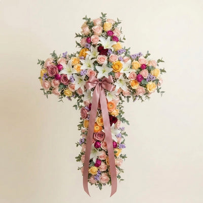 Peach Roses & White Lilies Sympathy Cross Tribute